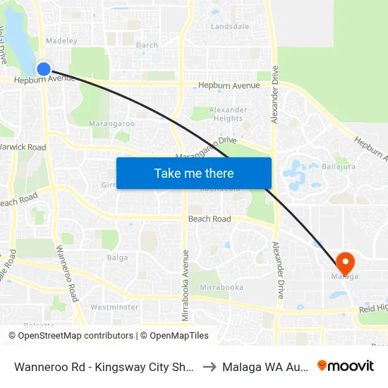 Wanneroo Rd - Kingsway City Shopping Ctr to Malaga WA Australia map