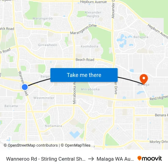 Wanneroo Rd - Stirling Central Shopping Ctr to Malaga WA Australia map