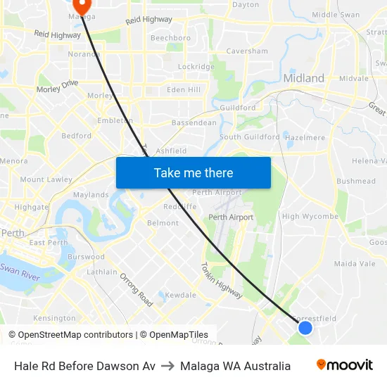 Hale Rd Before Dawson Av to Malaga WA Australia map