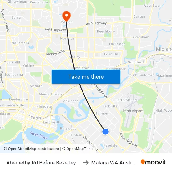 Abernethy Rd Before Beverley Rd to Malaga WA Australia map