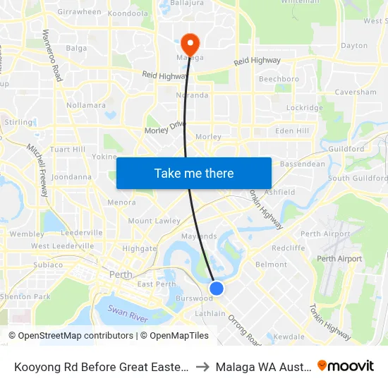 Kooyong Rd Before Great Eastern Hwy to Malaga WA Australia map