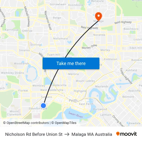 Nicholson Rd Before Union St to Malaga WA Australia map
