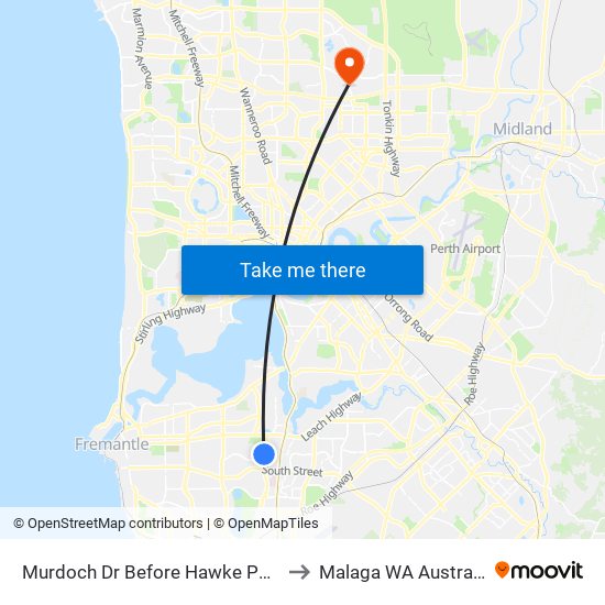 Murdoch Dr Before Hawke Pass to Malaga WA Australia map