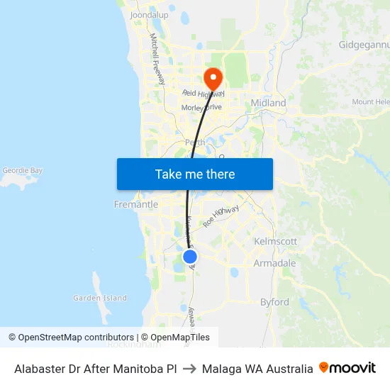 Alabaster Dr After Manitoba Pl to Malaga WA Australia map