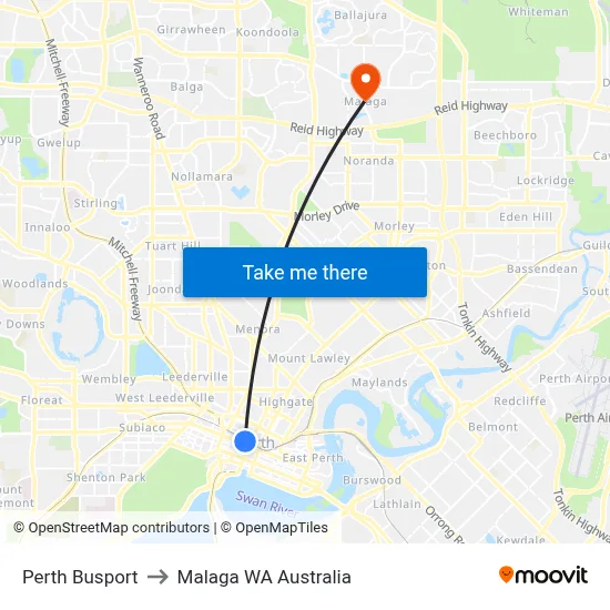 Perth Busport to Malaga WA Australia map