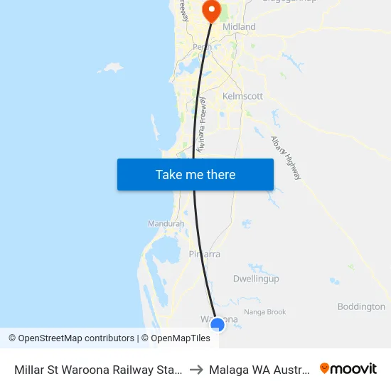 Millar St Waroona Railway Station to Malaga WA Australia map
