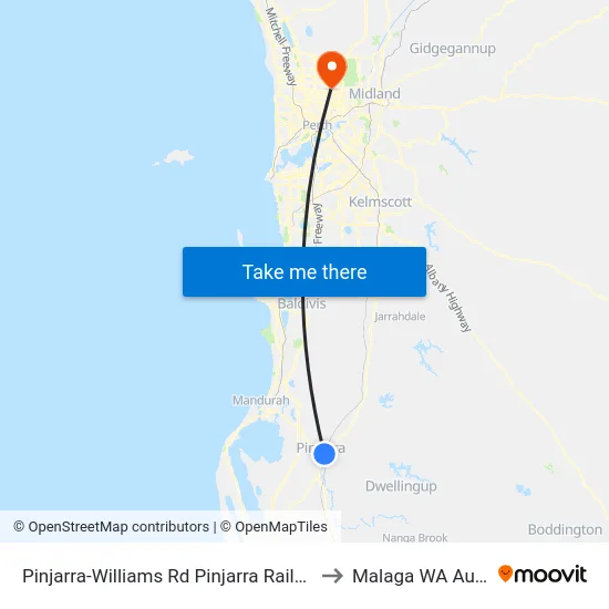 Pinjarra-Williams Rd Pinjarra Railway Station to Malaga WA Australia map
