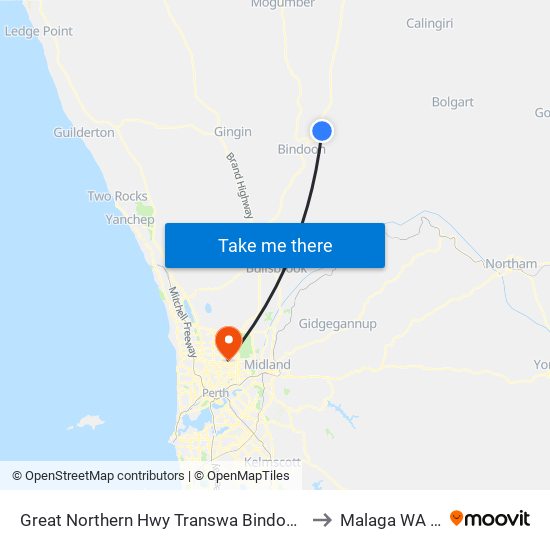 Great Northern Hwy Transwa Bindoon Agricultural College to Malaga WA Australia map