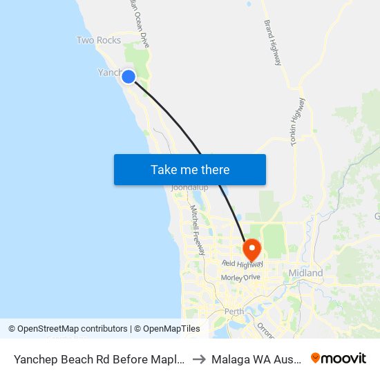 Yanchep Beach Rd Before Mapleton Dr to Malaga WA Australia map