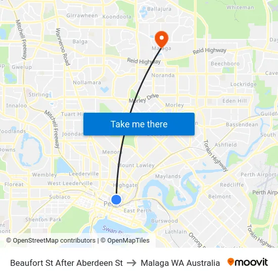 Beaufort St After Aberdeen St to Malaga WA Australia map