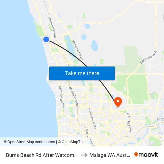 Burns Beach Rd After Watcombe Av to Malaga WA Australia map