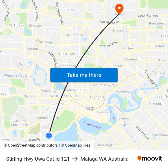 Stirling Hwy Uwa Cat Id 121 to Malaga WA Australia map