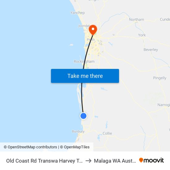 Old Coast Rd Transwa Harvey Turnoff to Malaga WA Australia map