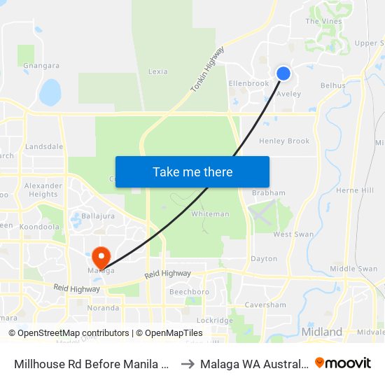 Millhouse Rd Before Manila Wy to Malaga WA Australia map