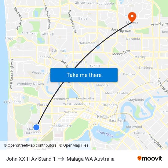 John XXIII Av Stand 1 to Malaga WA Australia map
