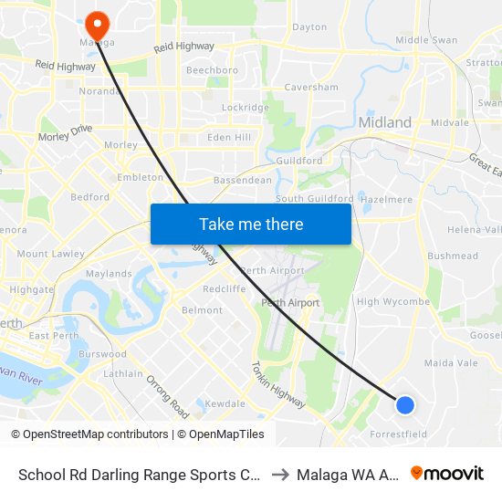 School Rd Darling Range Sports College Stand 2 to Malaga WA Australia map