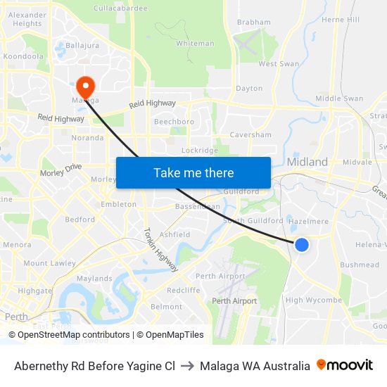 Abernethy Rd Before Yagine Cl to Malaga WA Australia map