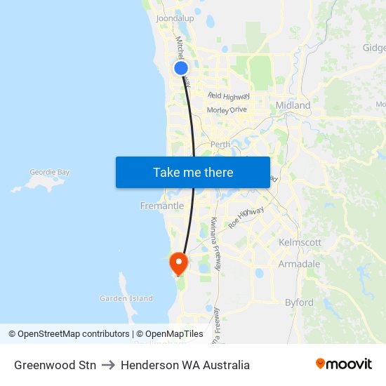 Greenwood Stn to Henderson WA Australia map