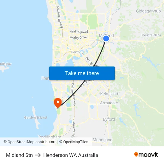 Midland Stn to Henderson WA Australia map