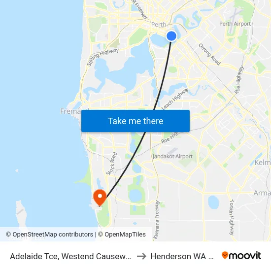 Adelaide Tce, Westend Causeway Eastbound to Henderson WA Australia map