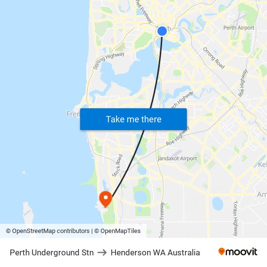 Perth Underground Stn to Henderson WA Australia map