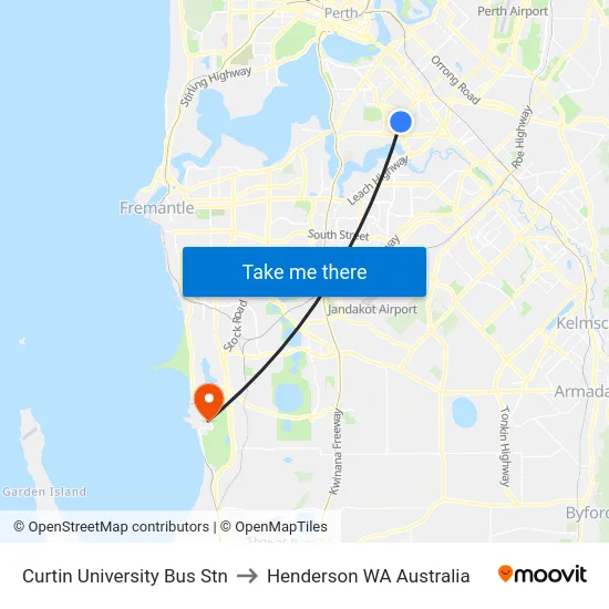 Curtin University Bus Stn to Henderson WA Australia map