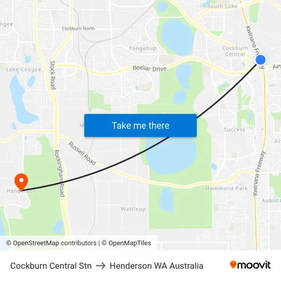 Cockburn Central Stn to Henderson WA Australia map
