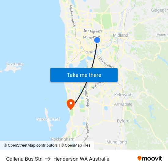 Galleria Bus Stn to Henderson WA Australia map