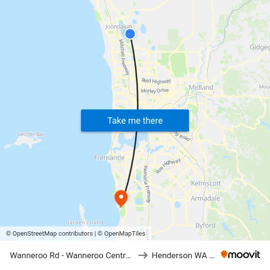 Wanneroo Rd - Wanneroo Central Shopping Ctr to Henderson WA Australia map