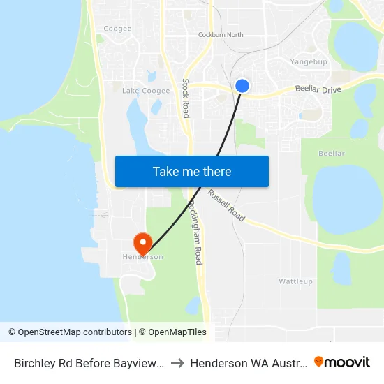 Birchley Rd Before Bayview Tce to Henderson WA Australia map