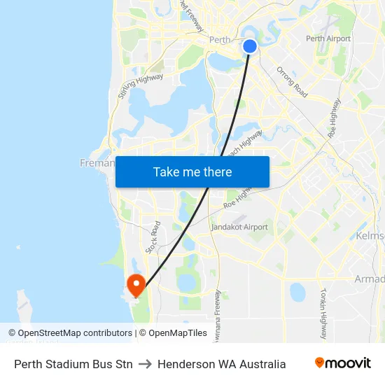 Perth Stadium Bus Stn to Henderson WA Australia map