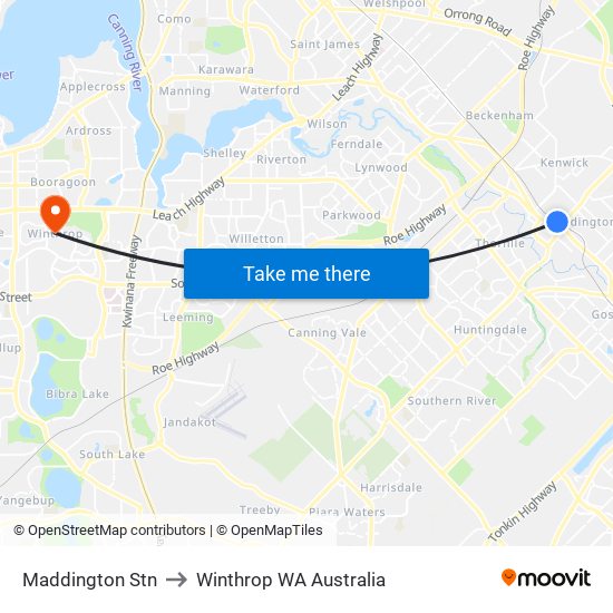 Maddington Stn to Winthrop WA Australia map