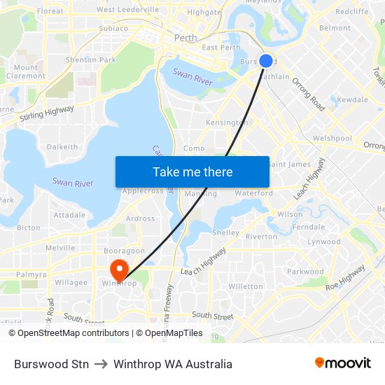 Burswood Stn to Winthrop WA Australia map