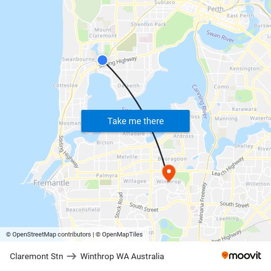 Claremont Stn to Winthrop WA Australia map