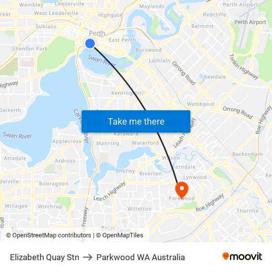 Elizabeth Quay Stn to Parkwood WA Australia map