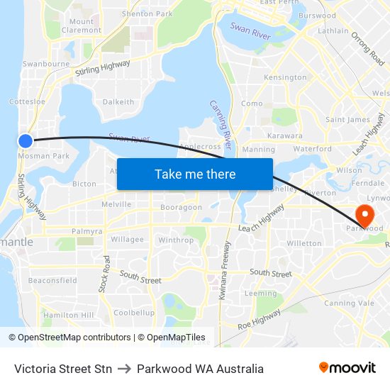 Victoria Street Stn to Parkwood WA Australia map