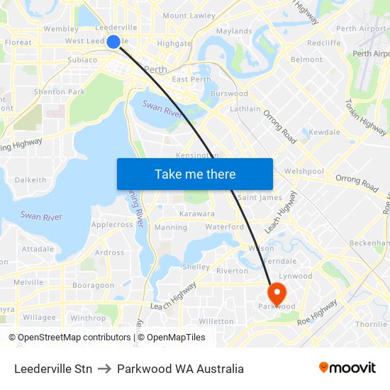 Leederville Stn to Parkwood WA Australia map