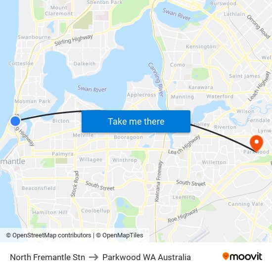 North Fremantle Stn to Parkwood WA Australia map