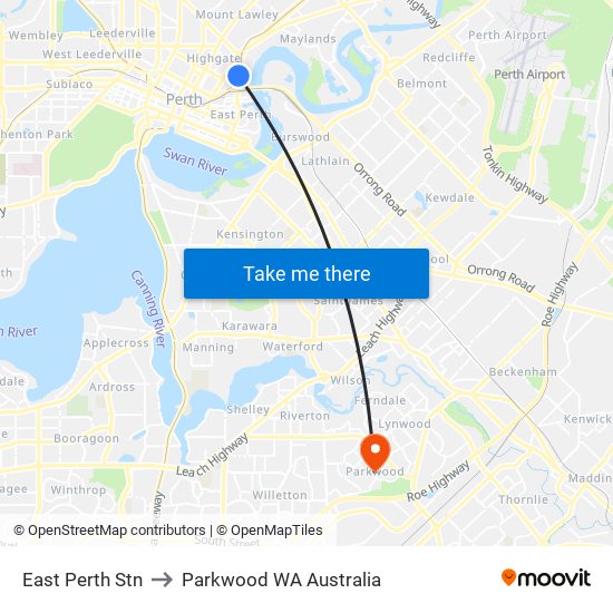 East Perth Stn to Parkwood WA Australia map