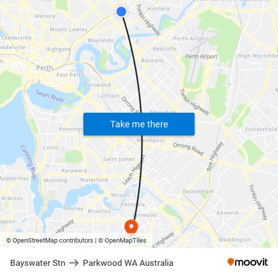 Bayswater Stn to Parkwood WA Australia map