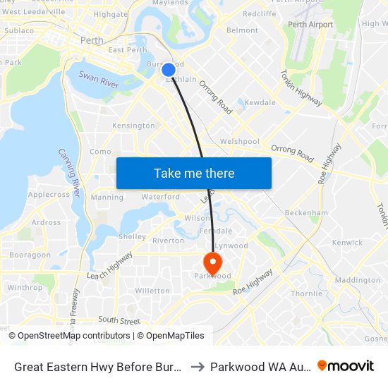 Great Eastern Hwy Before Burswood Rd to Parkwood WA Australia map