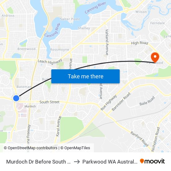 Murdoch Dr Before South St to Parkwood WA Australia map