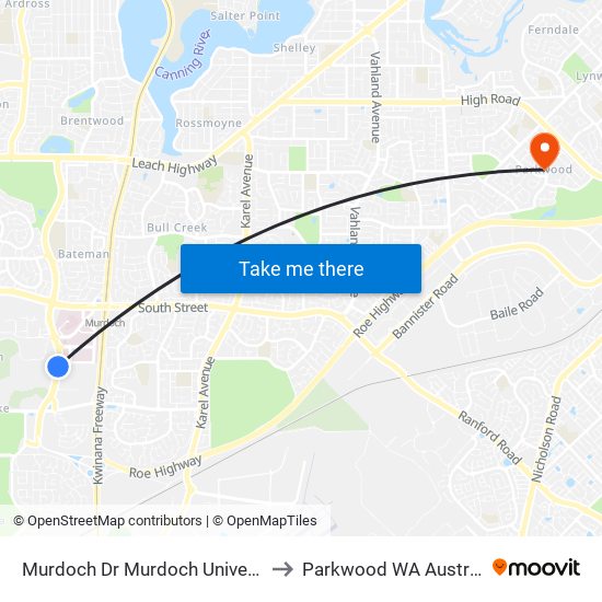 Murdoch Dr Murdoch University to Parkwood WA Australia map