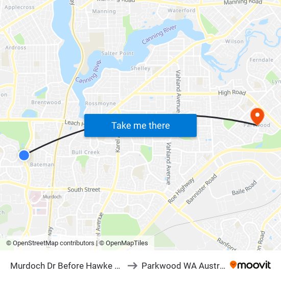 Murdoch Dr Before Hawke Pass to Parkwood WA Australia map