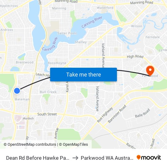 Dean Rd Before Hawke Pass to Parkwood WA Australia map