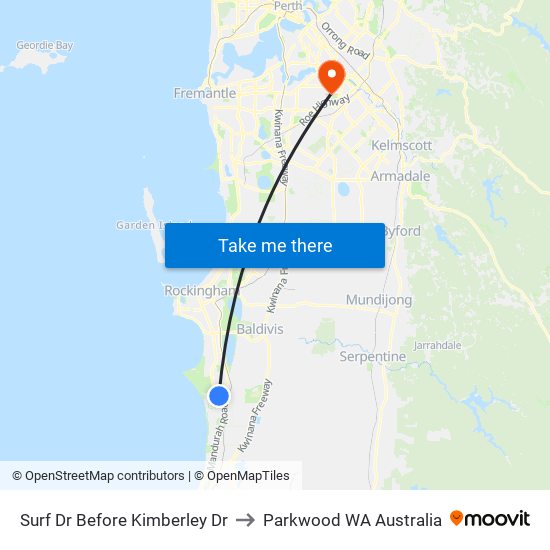 Surf Dr Before Kimberley Dr to Parkwood WA Australia map