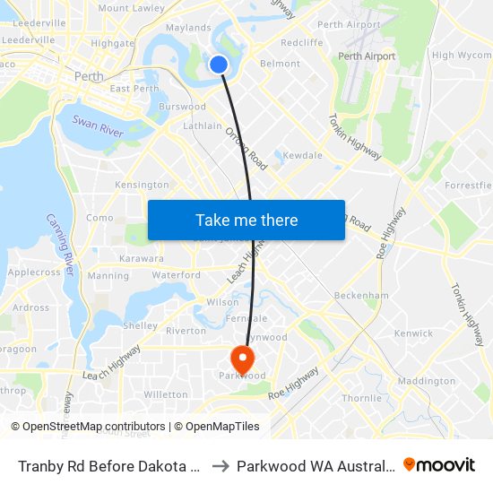 Tranby Rd Before Dakota Av to Parkwood WA Australia map