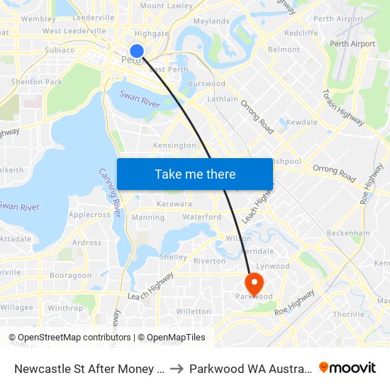 Newcastle St After Money St to Parkwood WA Australia map