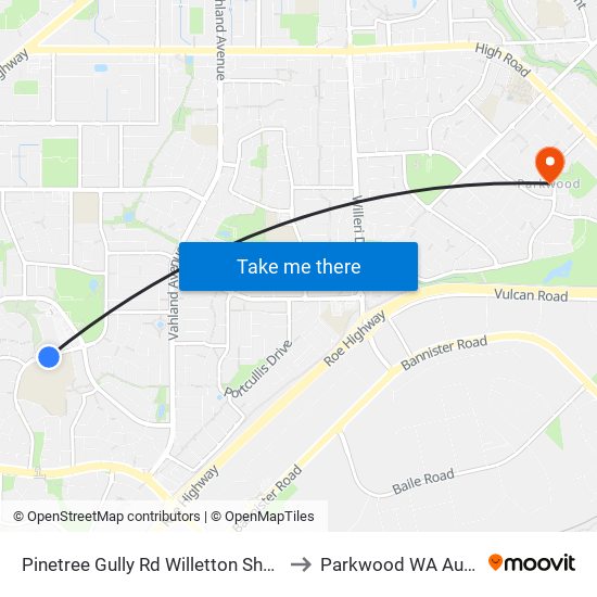 Pinetree Gully Rd Willetton Shs Stand 2 to Parkwood WA Australia map