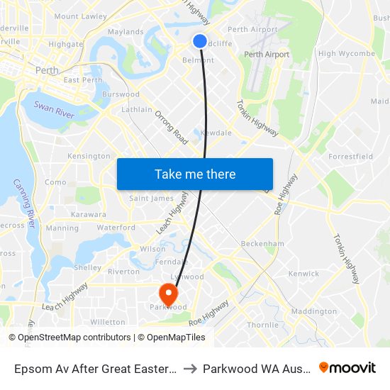 Epsom Av After Great Eastern Hwy to Parkwood WA Australia map